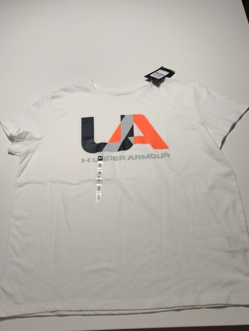 Under Armour Men’s White Short Sleeve Tee with Black and Orange UA Logo